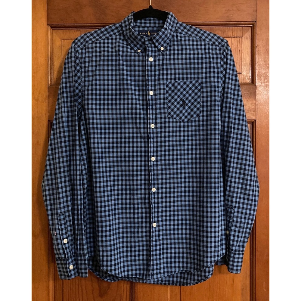 Ralph Lauren Boys Sz XL 18-20 Blue Gingham Cotton Button Down Shirt Preppy Logo